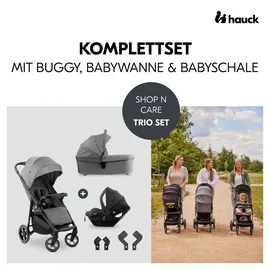 hauck 3in1 Kinderwagen Set Shop N Care Trio Set inkl. Babyschale ab Geburt bis 22 kg, Klein Zusammenklappbar, Liegefunktion, Getränkehalter & Tablett, UV-Schutz 50+ (Grey)