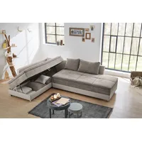 luma-home Federkern Ecksofa Doppelbett Dauerschläfer Bettkasten, Couch in Grau-Braun/ Beige / Grau