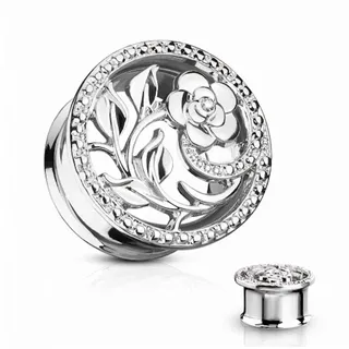 Taffstyle Plug Flesh Plug Ohr Piercing Blume mit Strass Kristall, Flesh Tunnel Plug Ohrpiercing Vintage Tribal Ethno Boho Blume Ornament silberfarben 16mm