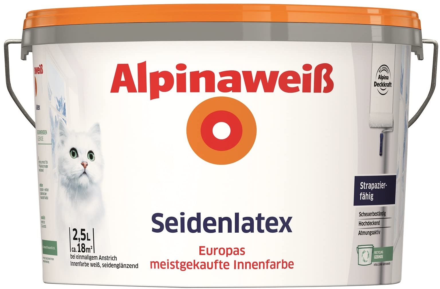 Alpinaweiß Seidenlatex in weißer Seidenglanz-Optik – strapazierfähige und atmungsaktive Wandfarbe – ergiebig, gut deckend & reinigungsfähig – 2,5 Liter