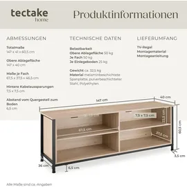 Tectake Sideboard 147 x 41 x 60,5 cm Braun