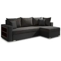 Ecksofa Lord mit Regal und Schlaffunktion - Sofa mit Bettkasten, Schlafsofa, Polsterecke, Couch L-Form, Couchgarnitur, Sofagarnitur (Schwarz + Schwarz (Dolaro 08 + Berlin 02), Ecksofa Rechts)