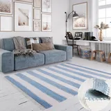 otto home Teppich OTTO HOME "Benja", blau (hellblau, weiß), B:140cm H:10mm L:200cm, Baumwolle, Polyester, Teppiche, Teppich, Handweb Teppich, gestreift, 90% Baumwolle, handgewebt, mit Fransen.