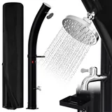 Vkechh 35L Solardusche | Curve | Einstellbar Regenduschkopf | Wasserhahn | Max. 60°C | Ohne Stromanschluss | Mit Schutzhaube-Seifenkiste-Ablassschraube | Schwarz