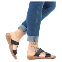 Pantolette RIEKER, Damen, Gr. 39, schwarz, Lederimitat, unifarben, klassisch, Schuhe, Keilabsatz, Sommerschuh, Schlappen mit Schmuckring, Topseller