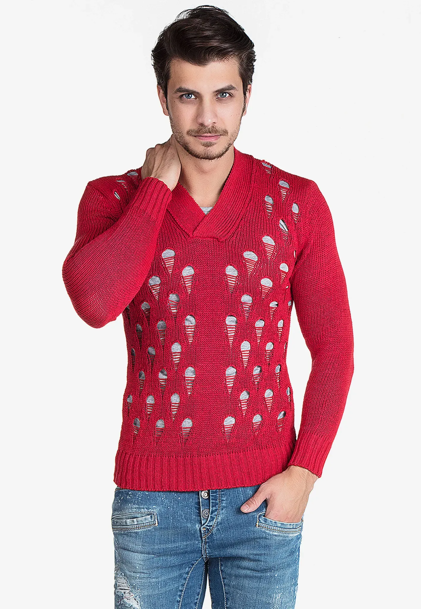 V-Ausschnitt-Pullover CIPO & BAXX Gr. M, rot Herren Pullover V-Ausschnitt-Pullover mit V-Ausschnitt und Destroyed-Effekten