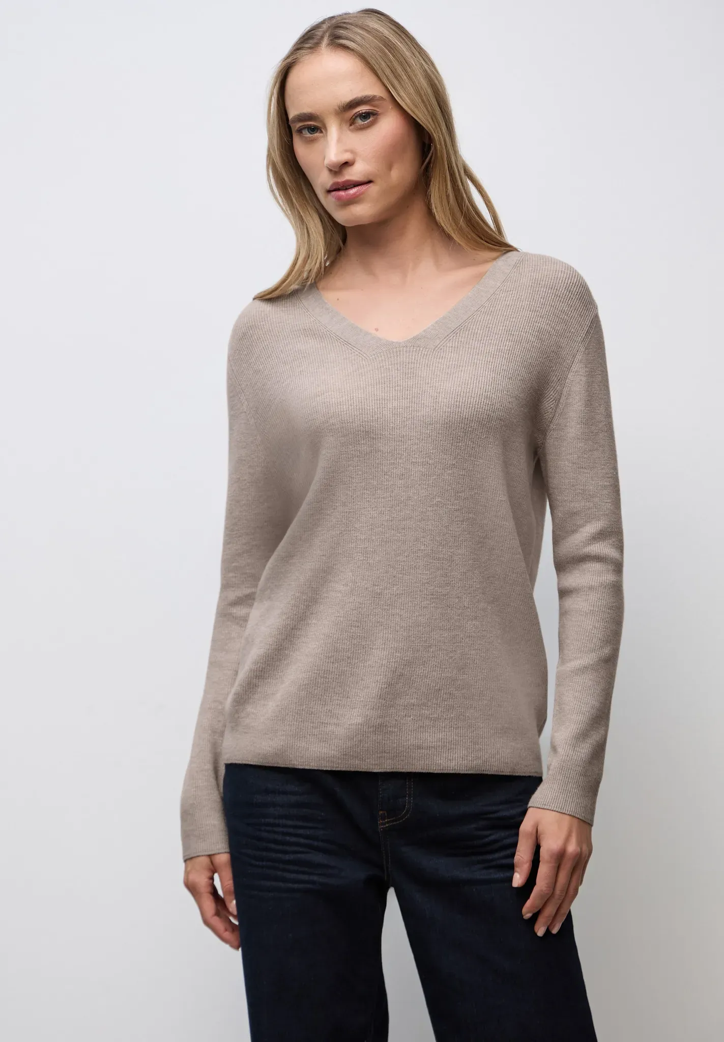 Strickpullover STREET ONE, Damen, Gr. 36, beige (sandstone mocha meliert), Stoff, 50% Viskose, 28% Polyester, 22% Polyamid, Strukturmuster, normal normal, V-Ausschnitt, Bündchen, Pullover Strickpullover, aus softem Materialmix