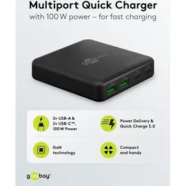 goobay USB-C PD GaN Multiport-Tischladegerät (100 W) schwarz (100 W), USB Ladegerät, Schwarz