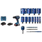 Bosch Professional Akkuschrauber GSR 18V-55 (2x 4,0 Ah ProCore Akku, in L-BOXX) +15 tlg. Expert Construction Material Lochsäge Set (für Weichholz, Ø 20-76 mm, Zubehör Bohrmaschine)