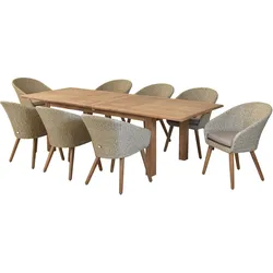 Garten-Essgruppe MERXX "»Arrone«", grün (schilf, schilf, natur), Auszugsplatte, ausziehbar, Aluminium, Kunststoff, FSC-zertifizierter Holzwerkstoff, Sitzmöbel-Sets, Sesselbeine aus Akazienholz, Beine 9x9 cm, Tischplatte 3 cm