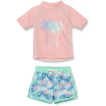 Playshoes Unisex Kinder UV-Schutz Bade-Set zweiteilig Schwimmshirt Badeshorts Badebekleidung, Palmen Koralle, 86/92