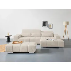Ecksofa COTTA "Orion L-Form", beige, B:307cm H:73cm T:186cm, 100% Polyester, Sofas, mit Kopfteilverstellung & 3 Nierenkissen