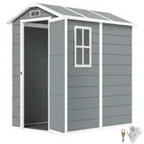 Outsunny Gerätehaus 2,1m2, Wasserdicht Gartenhaus mit Boden Pultdach, 131x186x198/172 cm, Geräteschuppen mit Abschließbar Tür, Fenster Fahrradgarage aus Kunststoff, für Hinterhof, Garten, Grau