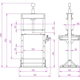 Eberth Hydraulikpresse 12T mit Manometer, 6-fach verstellbar, Arbeitshöhe 910 mm, Arbeitsbreite 513 mm, Gesamthöhe 1610 mm, 2 Auflagebacken, rot