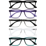 OPULIZE NYX Blaulichtfilter Lesebrille für Damen Herren - Blendfreie UV400-Schutz Federscharnier Anti-Müdigkeit - 5er-Pack - Rechteckiger Rahmen - Schwarz Lila Grau Klar Türkis - Men Women - + 1,00