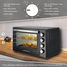 Jago® Minibackofen - mit Umluft, Drehspieß, Innenbeleuchtung, Elektrisch, 60L, 6 Kochmodi, 2000W, Timer, 100 - 230 °, Doppelglastür