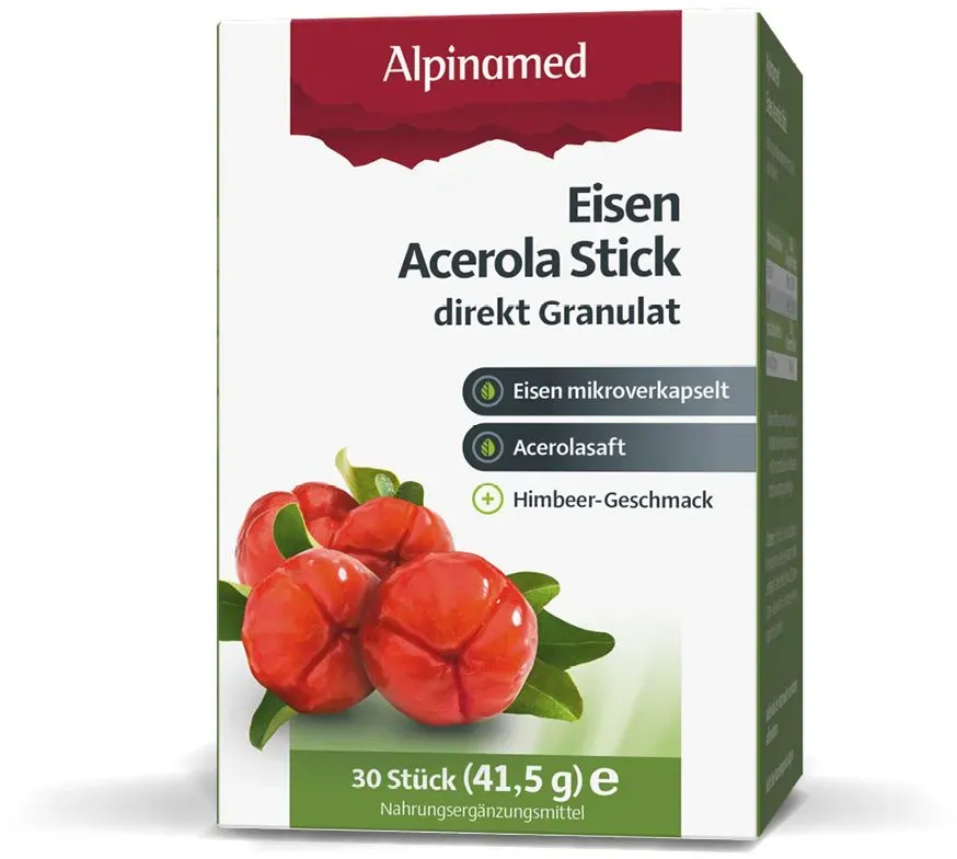 Alpinamed® Eisen Acerola Sticks unterstützen bei Eisenmangel und Mehrbedarf, ab 10 Jahren geeignet, vegan