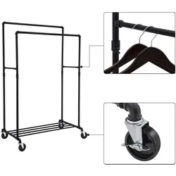 Garderobenständer, Schwerlast MetaKleiderständer auf Rollen, mit 2 Kleiderstangen, 1 Ablage, bis 110 kg belastbar, im Industriedesign, Schwarz