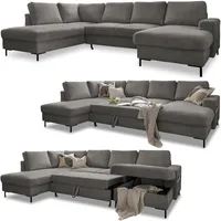 Cord Sofa U Form mit Schlaffunktion - Ecksofa mit Schlaffunktion und Bettkasten, Wohnlandschaft U Form, XXL Couch U Form, Big Sofa XXL, Eckcouch mit Schlaffunktion und Bettkasten, (Couch Grau Links)