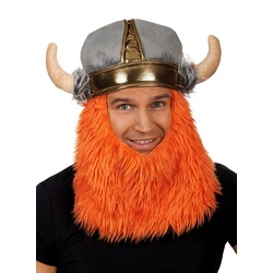 Metamorph Kostüm Wikingermütze mit Vollbart, Oder auch: gehörnter Hut mit Wollbart orange