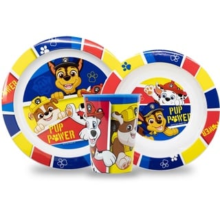 Sorrisini Kindergeschirr set Paw Patrol, Wiederverwendbares Babygeschirr Set, Kinder Essgeschirr, Microwaveable plastik Kinder Geschirr Teller, Müslischale, Frühstücksset, Trinkbecher 260ml