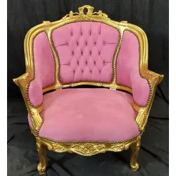 Casa Padrino Barock Damen Salon Lounge Sessel Rosa / Gold - Antik Stil Sessel - Antik Stil Möbel - Wohnzimmer Möbel im Barockstil - Barock Möbel - Edel & Prunkvoll