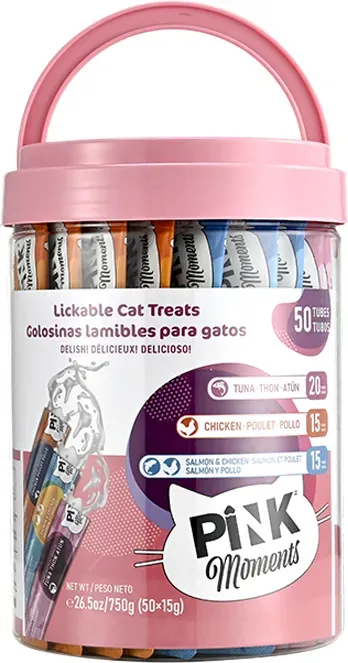 PINK Weiche Katzenleckerlis – Gemischte Sorten (Huhn, Lachs & Huhn, Thunfisch), 50 Sticks × 15g – Ohne Zusätze, Getreidefrei & Gelatinefrei – Haarballen-Kontrolle & Verdauungsunterstützung – Vertrauenswürdige kanadische Marke