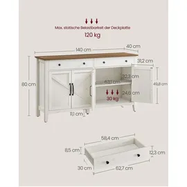 VASAGLE Sideboard 40 x 140 x 80 cm Braun / Weiß