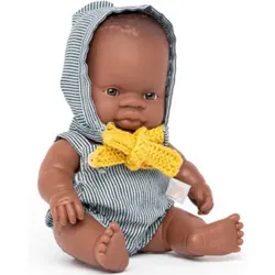 MINILAND 31343 Schwarze Babypuppe, Penis, 21 cm mit blau-weißer Bekleidung