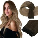 Easyouth Tressen Extension Echthaar Weave on Human Hair Tressen Farbe Dunkelste Braune Mischung Mittelbraun und Aschblond 20Zoll 100g Haarverlangerung Tressen Echthaar #2/6/18