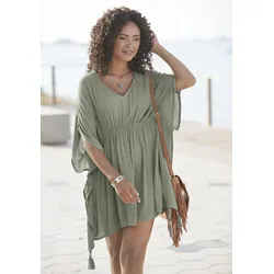Tunika LASCANA, Damen, Gr. 40/42, grün, Cru00eape, Web, Obermaterial: 100% Viskose, unifarben, modisch, figurumspielend Po-bedeckend, V-Ausschnitt, Kurzarm, Tuniken, aus gekreppter Viskose, Blusenkleid, Strandmode, transparent
