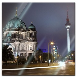 Bilderdepot24 Glasbild, Berliner Dom und Fernsehturm bei Nacht bunt 30 cm x 30 cm