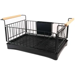 INTIRILIFE Geschirr Abtropfgestell aus Edelstahl mit Abtropfschale in Schwarz - 50 x 29 x 23.5 cm - Geschirrkorb mit Holzgriffen, Besteckkasten, Wasserauffangschale mit Auslauf