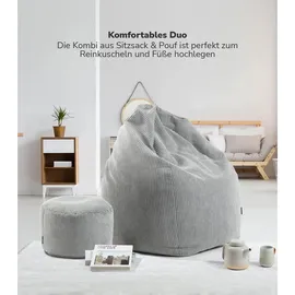 mokebo Sitzsack Der Tagträumer Cord 180 x 80 x 80 cm Grau mit Hocker