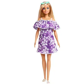 Barbie GRB36 - Loves The Ocean Puppe im lila Blumenkleid (29,21 cm groß, blond), aus recyceltem Kunststoff, mit Mode und Accessoires, Spielzeug Geschenk für Kinder von 3 bis 7 Jahren