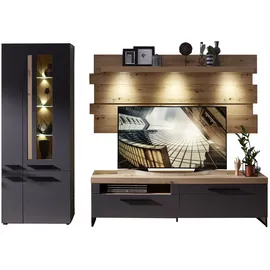 Wohnwand LOFT TWO, Graphit supermatt Dekor - Artisan Eiche Dekor - 3-teilig - LED-Beleuchtung