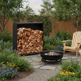 Relaxdays Kaminholzregal Eisen 110 x 29 x 110 cm mit Abdeckung Schwarz