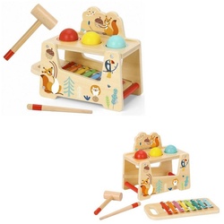 Tooky Toy Spielzeug-Musikinstrument Musikspielzeug 2in1 Xylophon, Hammerspiel TF827 Holz 7-tlg. bunt