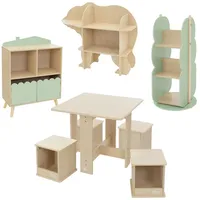 Joyz Kindersitzgruppe Kindersitzgruppe Kinderregal Bücherregal Kleiderständer Kleiderstange, Set aus MDF Tisch 4 Stühlen mit Ablage & Kiste Bücherregal beige|grün