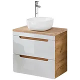 Lomadox Waschtisch mit 60 cm Unterschrank in Hochglanz weiß mit Wotan Eiche Nb. Softclose Schubkästen