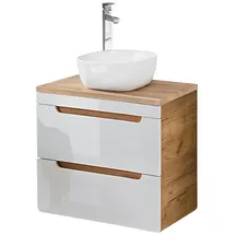 Lomadox Waschtisch mit 60 cm Unterschrank in Hochglanz weiß mit Wotan Eiche Nb. Softclose Schubkästen
