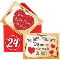 Adventino Adventskalender mit 24 Karten Ich Liebe Dich, Weil in 24 roten Umschlägen für Männer, Frauen, Paare