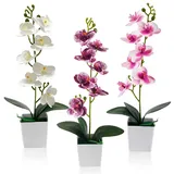 Xbessc Orchideen Künstlich 3 Stück Künstliche Blumen im Topf 43 cm Künstliche Orchideen wie echt mit Blätter Kunstorchidee Phalaenopsis für Tischdekoration Wohnkultur (Weiß/Lila)