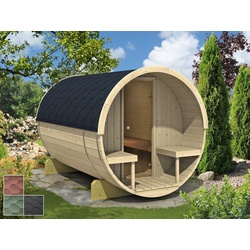 Finn Art Blockhaus Fasssauna Tommi 1, 42 mm, Schindeln grün, Outdoor Gartensauna, mit Holz Ofen, Bausatz grün