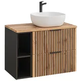 Lomadox Badezimmer Waschtisch mit Regal Und Aufsatzwaschbecken anthrazit mit Eiche Nb. Schwarz Gerillt, B/h/t: Ca. 80,6/74,2/46,5 cm Unterschrank Waschtischplatte