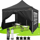 HOTEEL Pavillon 3x3 Faltpavillon 3x3 Wasserdicht Stabil mit 4 Seitenteilen und 4 SandsäCke, Uv Schutz 50+ Partyzelt Gartenpavillon Pop Up Pavillon, Stahlrahmen, Hoher Gipfel, Schwarz