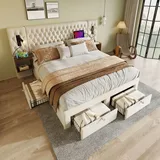Schlafzimmer Komplettset Mit Doppelbett Gepolstert, 2 Nachttischen Und 4 Schubladen, Leselampen Usb Type C, Samt Beige