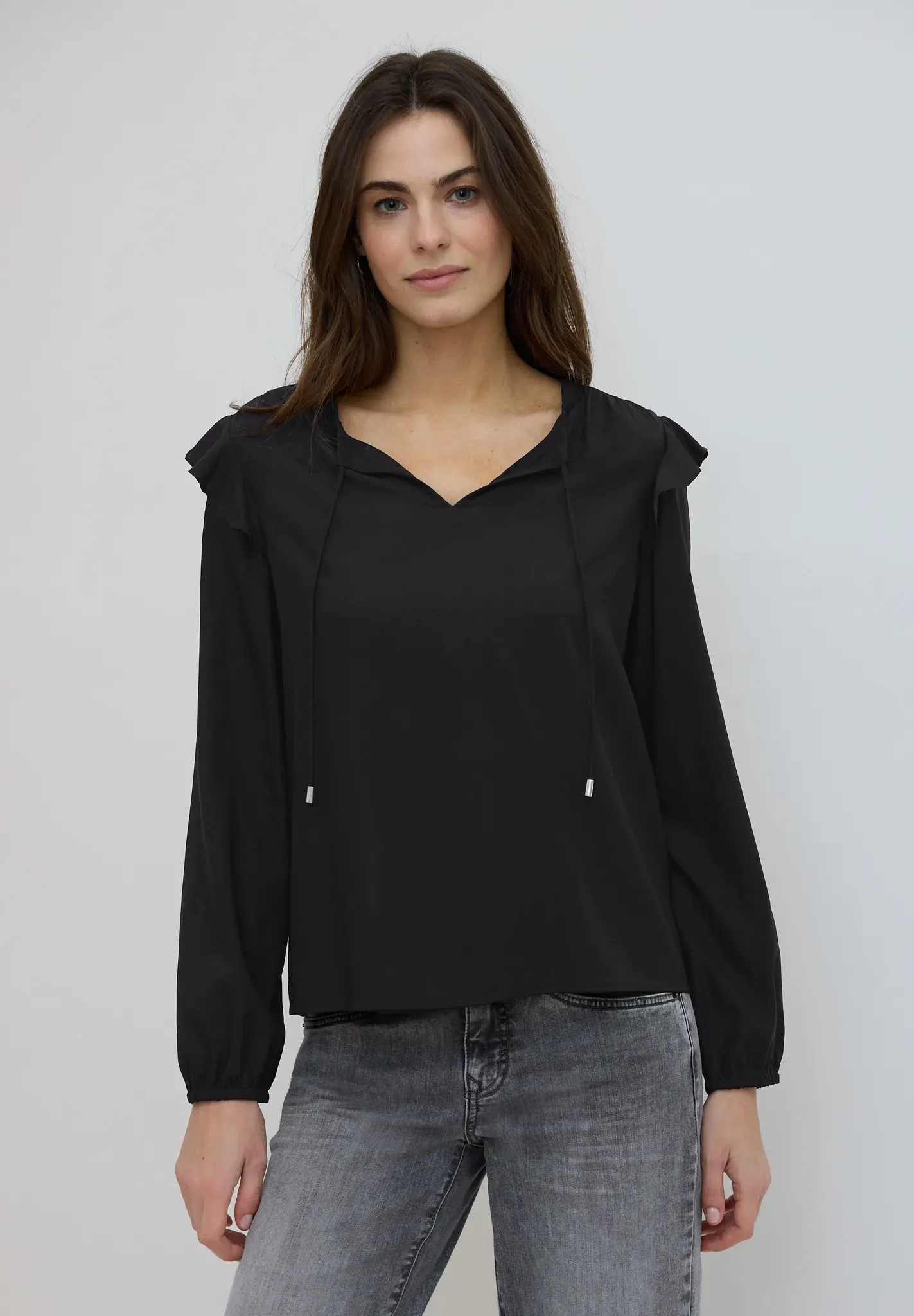 Langarmbluse STREET ONE STUDIO, Damen, Gr. 40, schwarz, Stoff, 100% Viskose, unifarben, klassisch normal, Rundhals, Bündchen, Blusen, aus softer Viskose