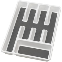 WENKO Besteckkasten Anti-Rutsch 5 Fächer, Schubladen-Einsatz für Besteck, aus stabilem Kunststoff mit rutschfesten Fächern, 26,5 x 36,5 x 5 cm, Weiß/Grau