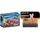 Playmobil City Action 9463 Feuerwehr-Leiterfahrzeug mit Licht und Sound, Ab 5 Jahren + Duracell Plus AAA Alkaline-Batterien, 12er Pack